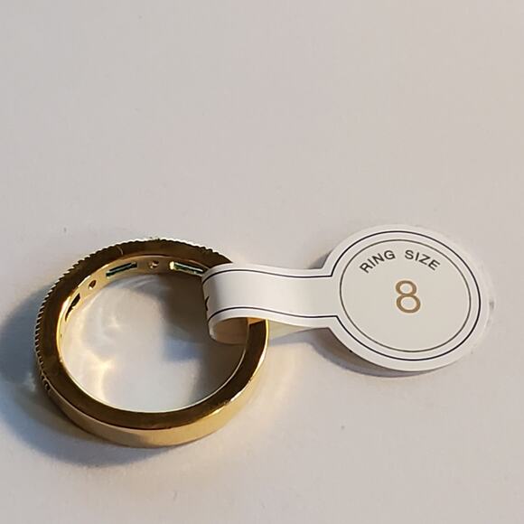 Anthropologie Brass over gold green stone Flat channel cut pattern ring Size 8 - Picture 9 of 11